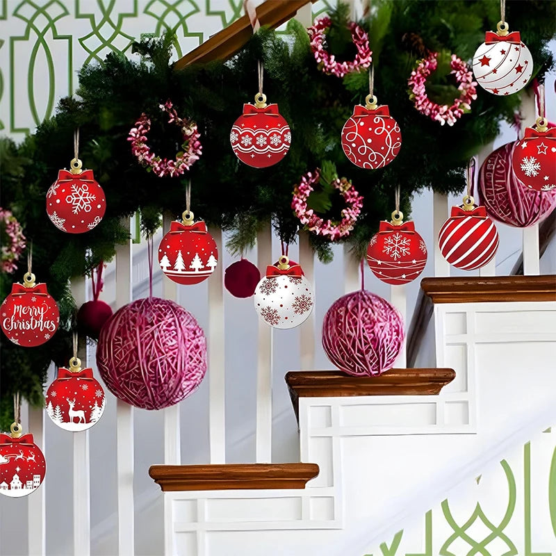 CozyFlame Red & White Wooden Christmas Tree Decorations – 5.5x7CM Hanging Ornaments for Home & New Year