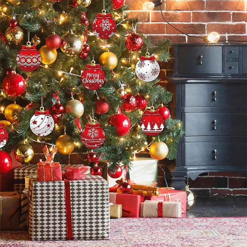 CozyFlame Red & White Wooden Christmas Tree Decorations – 5.5x7CM Hanging Ornaments for Home & New Year