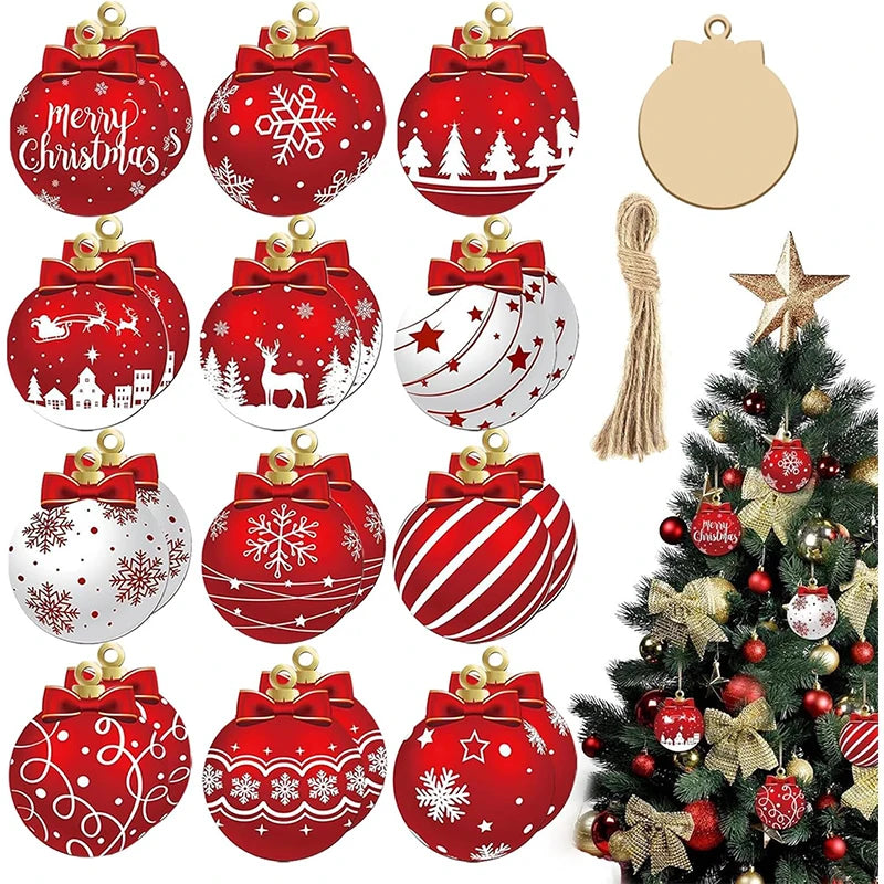 CozyFlame Red & White Wooden Christmas Tree Decorations – 5.5x7CM Hanging Ornaments for Home & New Year