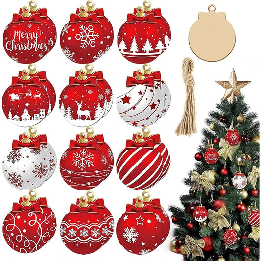 CozyFlame Red & White Wooden Christmas Tree Decorations – 5.5x7CM Hanging Ornaments for Home & New Year
