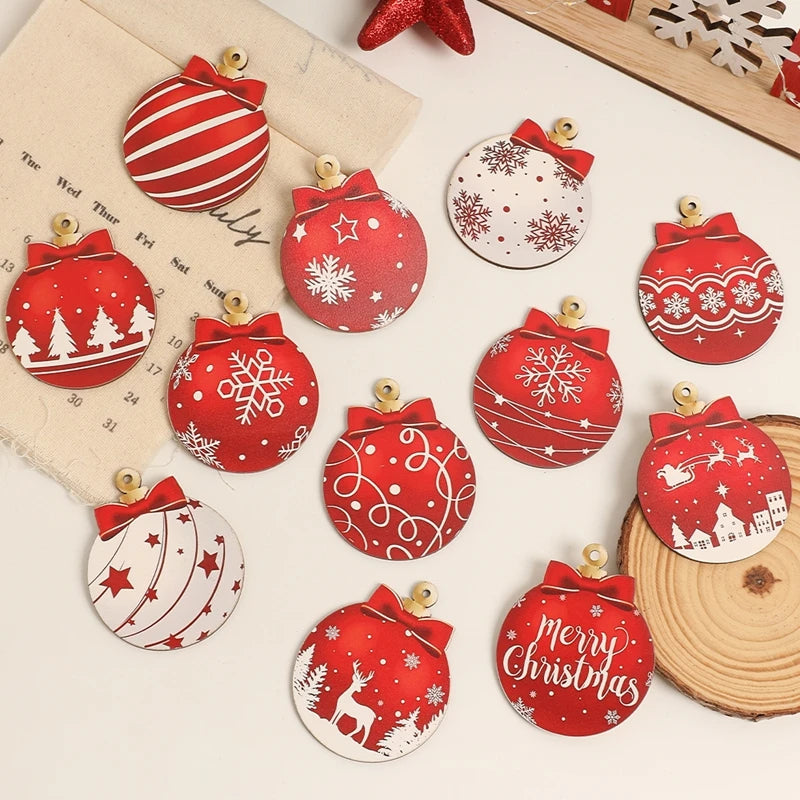 CozyFlame Red & White Wooden Christmas Tree Decorations – 5.5x7CM Hanging Ornaments for Home & New Year