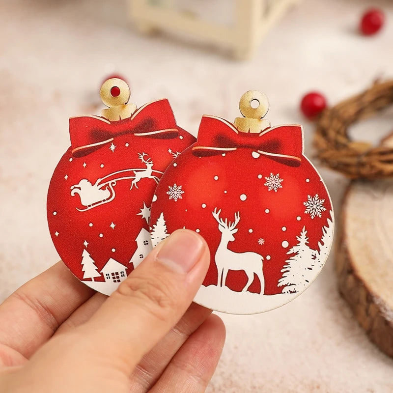 CozyFlame Red & White Wooden Christmas Tree Decorations – 5.5x7CM Hanging Ornaments for Home & New Year